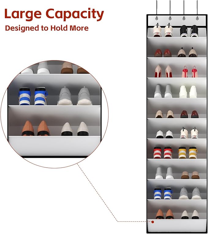 KEEPJOY 10 Tiers White Over Door Shoe Organizer Storage, Hanging Shoe Holder for Door with Large Deep Pockets, Fit 20-30 Pairs Shoe Rack for Sneakers, Boots (White)