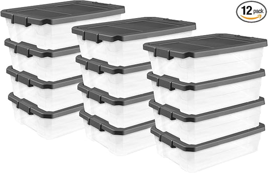 Sterilite 12-Pack Modular Stacker Box, Durable Clear Plastic Storage Bins with Latching Lids, 40 Quart - Stackable Organizing Container Boxes for Closet, Bathroom, and Office