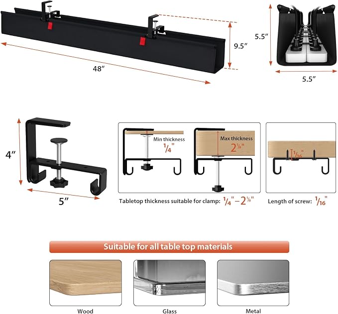Univivi No Drill Under Desk Cable Management Tray, 48 inch Cable Management | Clamp/Screw Mount Desk Cable Organizer, Premium Fabric Cable Management Tray, Large Capacity Cord Organizer for Office, Home