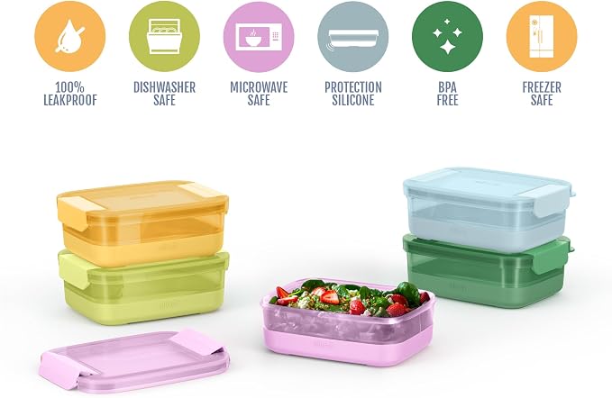 Ello 3.7 Cup Plastic Meal Prep Containers, 10 Pc, 5 Pack, Meadow | Set of 5 leakproof BPA-free plastic meal prep containers. Microwave & dishwasher safe. Ideal for food storage & leftovers