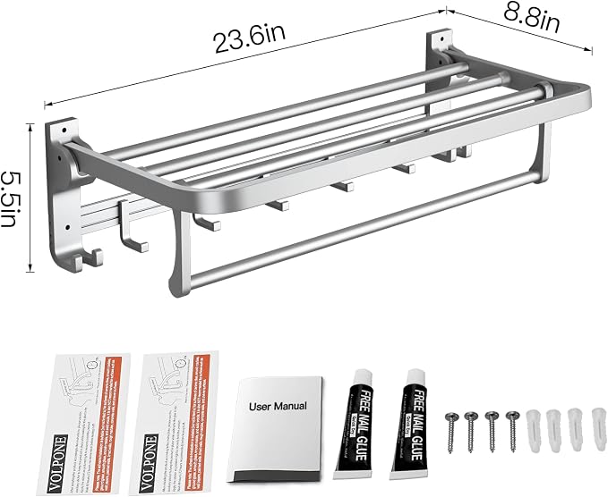 VOLPONE 24 Inch Towel Rack with Towel Bar Holder Foldable Towel Shelf with Movable Hooks Rustproof Towel Storage Wall Mount for Bathroom Lavatory Silver