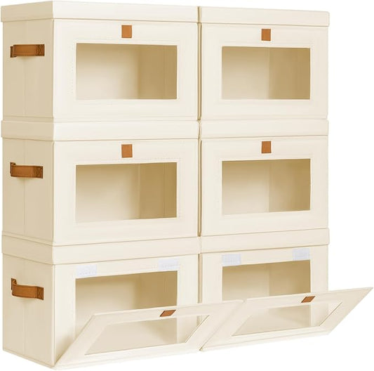 Homsorout Medium Fabric Storage bins - Collapsible Storage Bins with Open Window, 6 Pack Closet Baskets for Shelves, Stackable Decorative Boxes for Home, Dorm, Beige, 13.7"x 9.8" x 9.8"