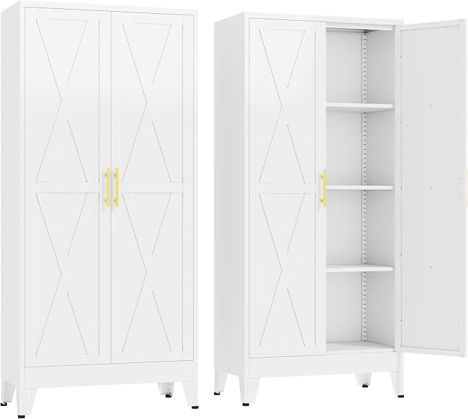 GAIOUS 61" Tall Kitchen Pantry Cabinet,Metal Storage Cabinet White Cupboard | Steel Office Cabinet, Freestanding Bookcase with 2 Doors and 3 Adjustable Shelves, Bathroom Kitchen Bedroom Garage Cabinet