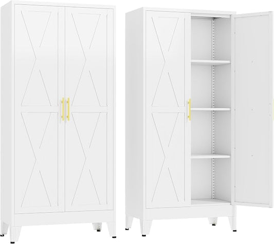 GAIOUS 61" Tall Kitchen Pantry Cabinet,Metal Storage Cabinet White Cupboard | Steel Office Cabinet, Freestanding Bookcase with 2 Doors and 3 Adjustable Shelves, Bathroom Kitchen Bedroom Garage Cabinet