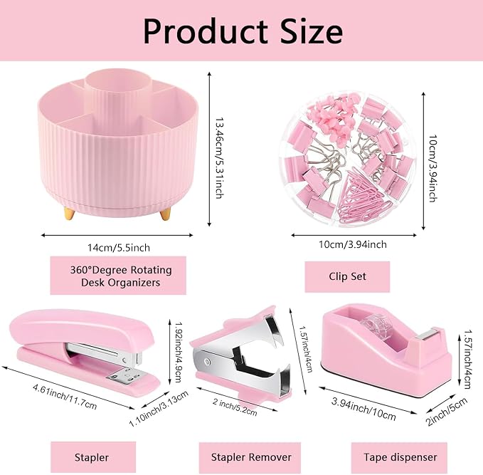 Office Supplies,Pink Desk Accessories,Office Supplies Set,Desk Organizer,Stapler,Tape Dispenser,Scissors,Staple Remover,Binder Clips,Staples,Ballpoint Pen,Index Tabs with Ruler,Clear Tape.10pcs