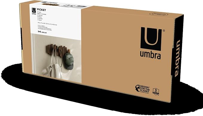 Umbra Picket Coat Rack, Wall Mount 5 Flip-Down Coat Hooks, Walnut | Beveled pine wood dowels, supports up to 5 lbs, mounting hardware included, space saving