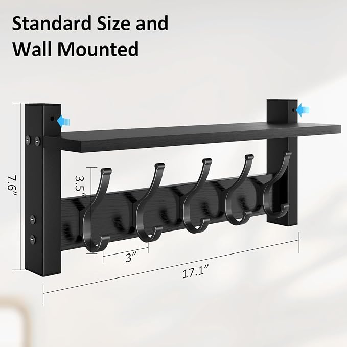 Optish Coat Rack Wall Mount with Shelf, 17.1 Inch Coat Hanger Walls Mounted, Hat Rack for Walls, Shelf with 5 Coat Hooks, Wall Hanger for Entryway (Black)