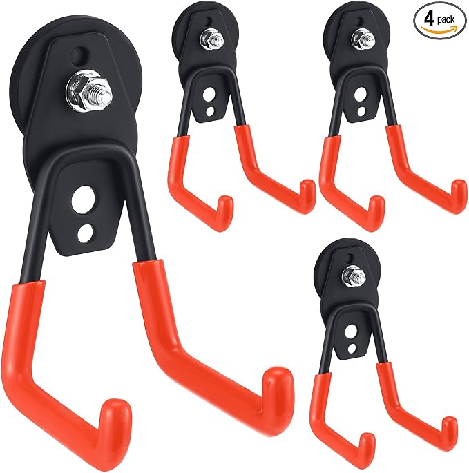 Landhoow 4 Pcs Large Magnetic Hooks Heavy Duty Garage Magnet Hooks Strong Storage Utility Magnetic Hangers with Anti Slip Rubber Coating for Indoor and Outdoor Hanging (Orange)