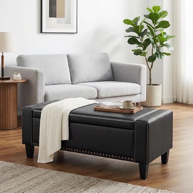AKMAKM 49''W Storage Ottoman Bench, 30 Gallons End of Bed Bench, Faux Leather, Mid Century Modern, Upholstered Bench with Storage and Seat for Entryway, Living Room, Holds up to 350 lb, Black