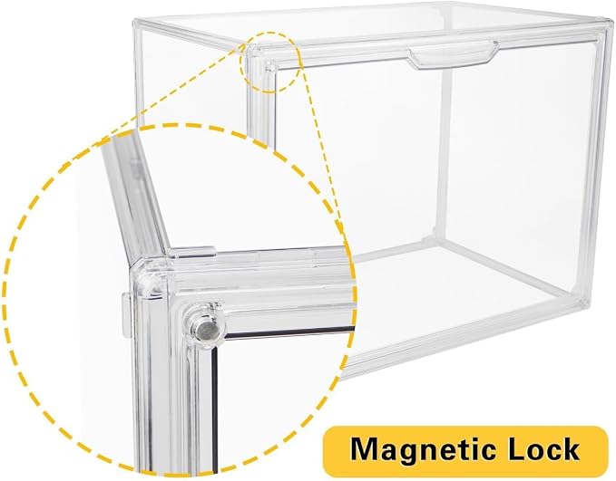 GUDEMAY Clear Stackable Plastic Storage Bins with Magnetic Lid, Dustproof Book & Cosmetic Acrylic Display Cases, Large Figures Collectibles Showcase, Shoe Box, Protection Organizer (L, Count, 3)