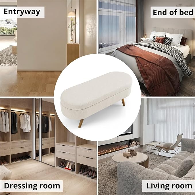 43.5" Ottoman with Storage, Storage Ottoman Bench with Safety Hinge, Linen End of Bed Bench, Upholstered Entryway Bench for Bedroom, Living Room & Window, Holds up to 330 lb, Beige