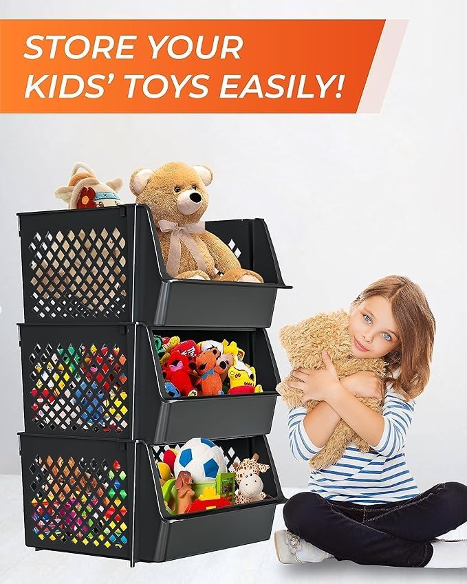 Large Stackable Storage Bins Open Front for Pantry Storage, 6 Pack - Black | Sturdy Plastic, Easy Stacking, Open Front Access, Ventilated Sides, Vertical & Space Saving Pantry Organizers and Storage Bin