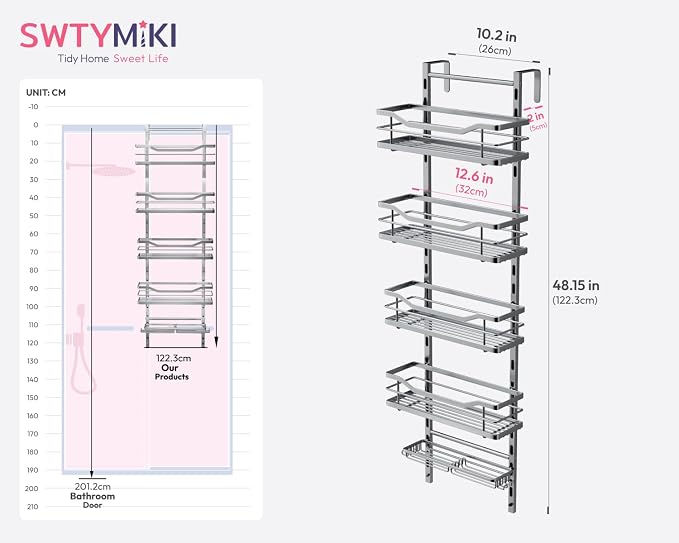 SWTYMIKI Over the Door Shower Caddy - 5 Tier Adjustable Shower Organizer Hanging with Soap Holder, No Drilling Stainless Steel Bathroom Rack Hanging for Body Wash, Shampoo, Soap, Razor, Silver