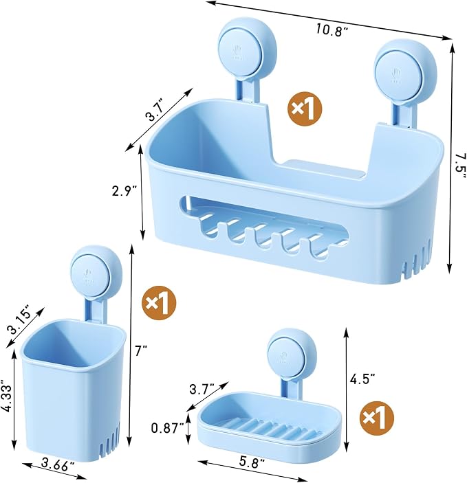 LEVERLOC Shower Caddy Suction Cup Set Shower Organizer & Soap Holder, Blue | Toothbrush Holder, Bathroom Shelf Basket NO-Drilling, Removable Shower Storage, Waterproof Bathroom Holder