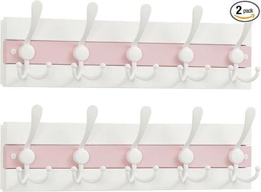 SKOLOO Coastal Wall Mounted Coat Rack-16.88" Beach House Entryway Wooden Coat Hook with 5 Hooks for Hanging Coats, Hats or Towels, Oceanfront Cottage Core Collection, White&Palm Beach Pink, Pack of 2