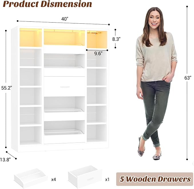 Besiost Shoe Cabinet with 12 Shelves & 5 Drawers, Wood Shoe Rack with Light | Holds Up to 30+ Pairs of Shoes, Vertical 40" W Shoe Storage Cabinet for Entryway, Hallway, Walk-In Closets, White