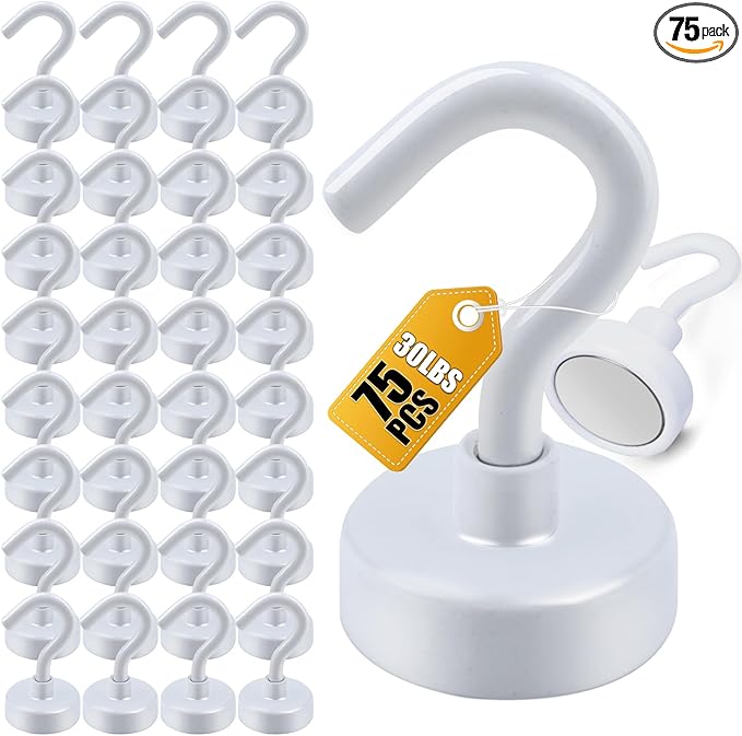DIYMAG Magnetic Hooks 75pcs 30lbs Cruise Essentials 2026 Magnet Hook White | Neodymium Heavy Duty Strong Magnets Hanging Ship Cabins Refrigerator Fridge Classroom Beach Vacation Kitchen Grills Home Tool