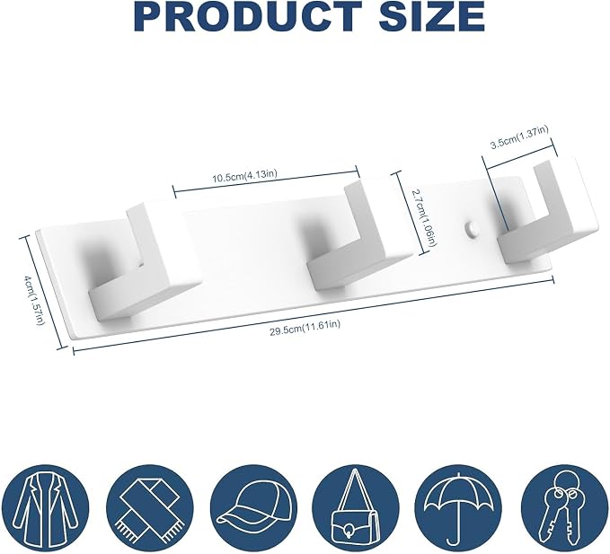 PMMASTO Stainless Steel Coat Rack Wall Mounted, Heavy Duty Metal Hook Rail for Hanging Coats Hats Towels Robes Bags, Modern Wall Hooks Organizer (White, 3 "L Hooks, 1 Pack)