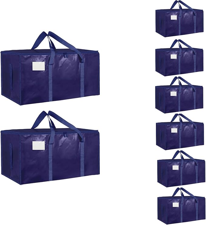 8 Pack-Extra Large Heavy Duty Moving Bags - Waterproof Storage Totes with Handles & Zippers, Foldable for College Dorm, Storage (Dark Blue)