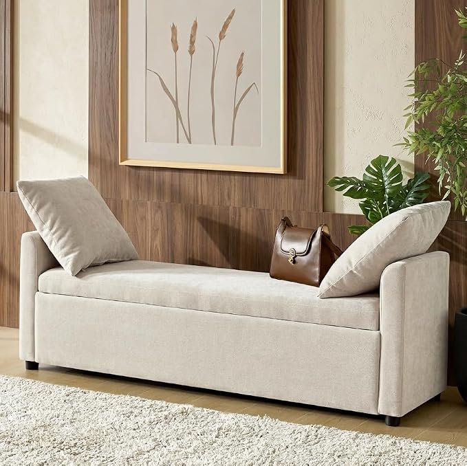 HULALA HOME 59" Storage Bench with 2 Throw Pillows & Armrests, Linen | Modern Long Bedroom Bench for End of Bed, Comfy Upholstered Fabric Footstool for Entryway Living Room