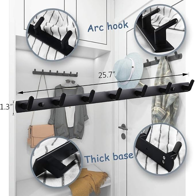 Wall Mounted Coat Rack, 7 Hooks, 25.7"x1.3", Modern, Black | Space Aluminum, Rustproof, for Hallway, Entryway, Hanging Holder for Clothes, Towel, Backpack, 40 lbs Capacity, Easy Install