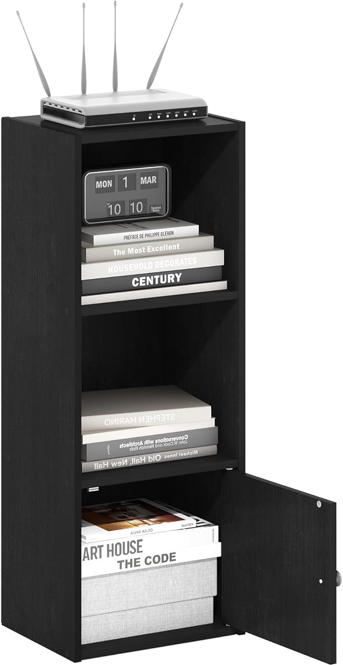 Furinno LUDER Book Shelf, 3-Tier Modern Bookshelf, Bookcase with 1 Door Storage Cabinet, 9.3 x 12 x 31.5, for Organization and Storage, for Living Room, Bedroom, Home Office, Blackwood