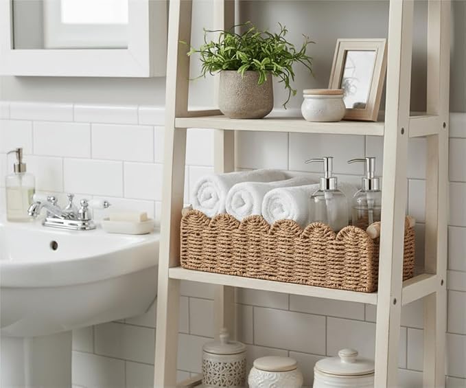 CubesLand Scalloped Toilet Paper Storage Basket W/Handle for Home Decor | Paper Rope Toilet Organizer Basket for Countertop, Over Toilet Shelf, End Table, Living Room, Bedroom Decor & More, Neutral