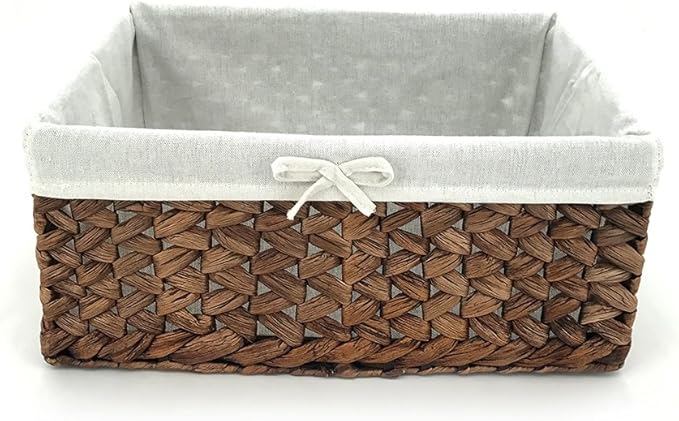 Water Hyacinth Storage Basket Small with Metal Frame & Removable Liner, 11.8”×7.9”×5.5” Rectangular Woven Organizer Bin for Bathroom Vanity, Desk, Nursery, Closet, Home Organization