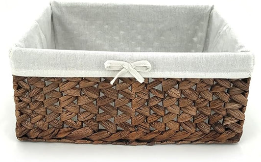 Water Hyacinth Storage Basket Small with Metal Frame & Removable Liner, 11.8”×7.9”×5.5” Rectangular Woven Organizer Bin for Bathroom Vanity, Desk, Nursery, Closet, Home Organization