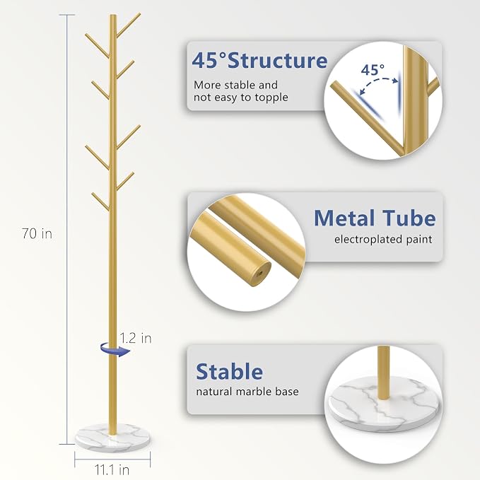 Durmmur Heavy Duty Coat Rack with Natural Marble Base, 8 Metal Hooks, Gold | Freestanding Coat Rack, Adjustable to 39, 54 or 70 in, Metal Coat Tree for Coats, Bags & Hats in Entryway, Bedroom & Office