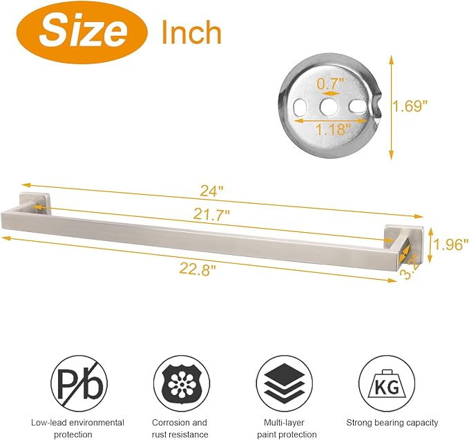 TocTen Bath Towel Rack - Square Base Thicken SUS304 Stainless Steel Towel Bar for Bathroom, Bathroom Accessories Towel Rod Heavy Duty Wall Mounted Towel Holder. (Brushed Nickel, 24)