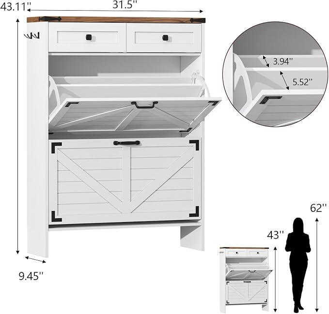 Shoe Cabinet with 2 Flip Drawers and Deodorizing Function, Hidden Shoe Storage Cabinet with 2 Pull-out Drawers, Farmhouse Shoe Organizer for Entryway, Narrow Shoe Rack for Front Door Entrance, White