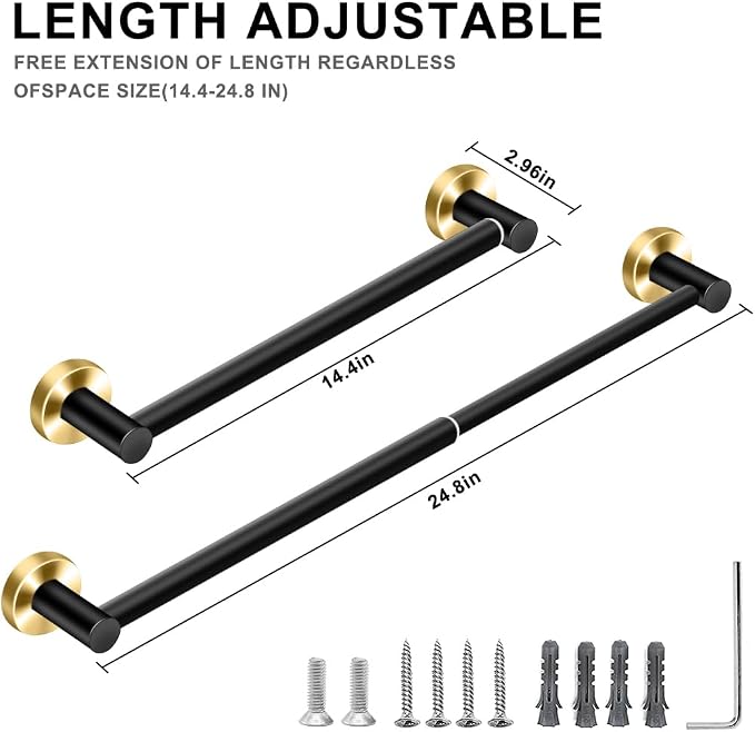 MGahyi Towel Racks for Bathroom-Adjustable Towel Holder(13.18inch-24inch) Sturdy and Rustproof Towel Bar Wall Mounted, Single Towel Bar Rod for Bathroom Accessories (Black Gold, 1Pack)