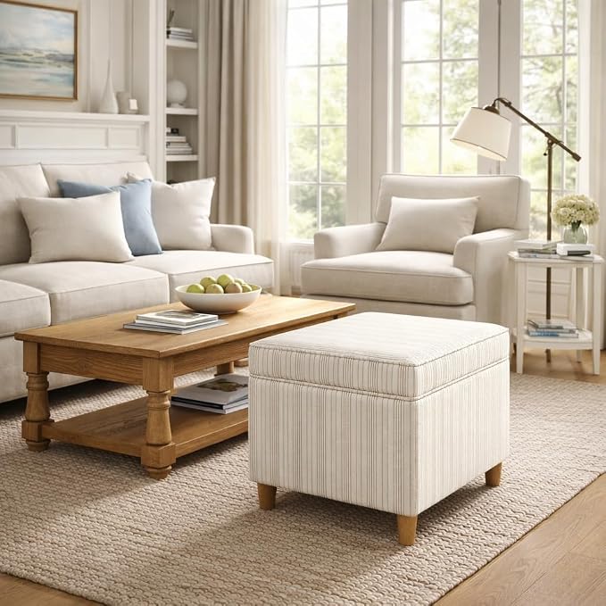 Spatial Order 24" Dinah Collection Storage Ottoman - Cream Marigold Pinstripe Fabric