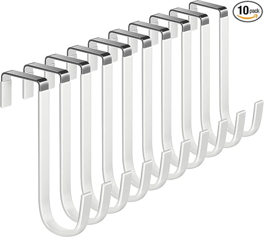 Single Over Door Steel Hooks 10 Pack Fit 1-3/8" Door 5.5" White | Plastic Coated Rubber Feel Towel Rack Robe Coat Shoe Wreath Hanger No Damage No Scratch for Bathroom Heavy Duty Thin Top