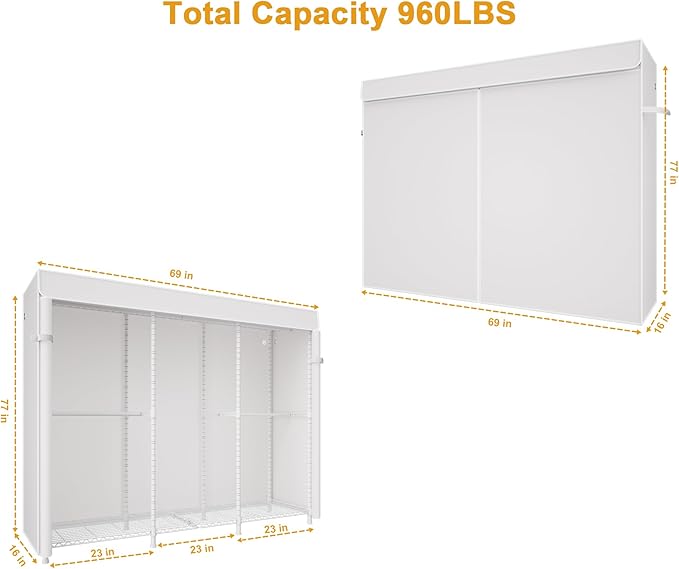 E14C Pro Heavy Duty Closet Organizer System，Freestanding Clothing Racks for Hanging Clothes，Adjustable Garment Rack 69" W × 16" D × 77" H Hold 960 lbs，White Rack with White Dustproof Cover