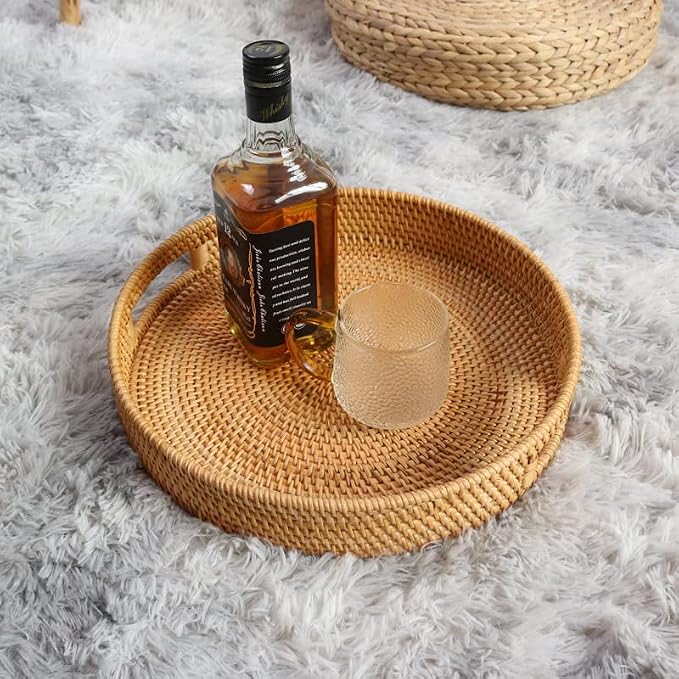 Round Rattan Serving Tray Decorative Woven Ottoman Trays with Handles for Coffee Table Natural (Small 11.8 inch x 2 inch)
