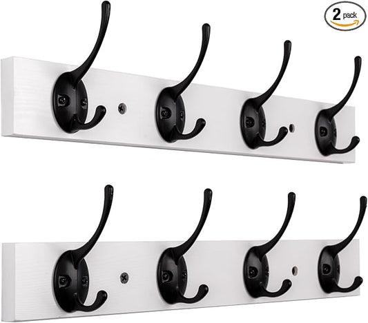 VERTORGAN 2 Pack Wall Mounted Wooden Hat Rack,4 Hooks Entryway(White) | Wood Coat Hooks,Wall Hooks for Hanging,Hat Rack Bag Hanger Key Holder for Wall,Purse Hanger Towel Racks for Bathroom