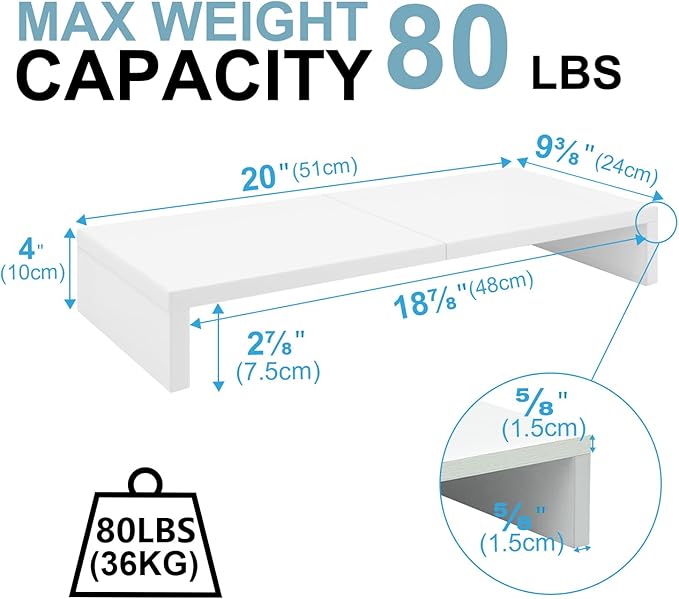 TEAMIX 2 Pack White Monitor Stand Riser 20 inch, Wooden Desktop Stand Shelf | For 2 Monitors, Laptop, Printer, TV, PC Tower, Full Keyboard Storage Underneath, Desk Organizer for Home Office Gaming Vanity