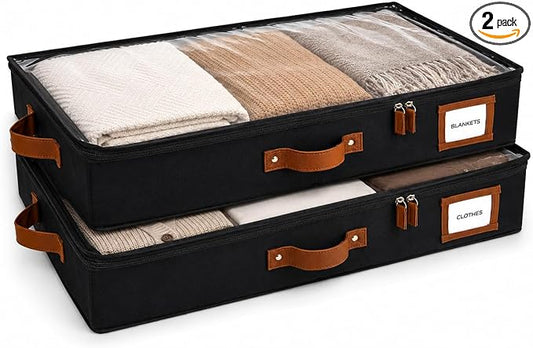2pc Under Bed Storage Containers, Bedroom Under the Bed Drawer Storage Organizer with Bins and Lids, Large Underbed Clothes Storage Box Ideal for Blanket, Fabric, & Shoes (Black)
