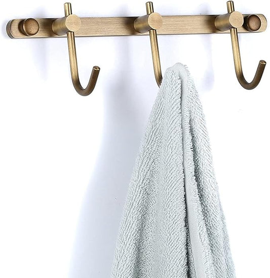 WINCASE Antique Brass Towel Hook Rack, Brushed Wall Hooks with 3 Hooks - Rustic Bath Coat Hook Holders