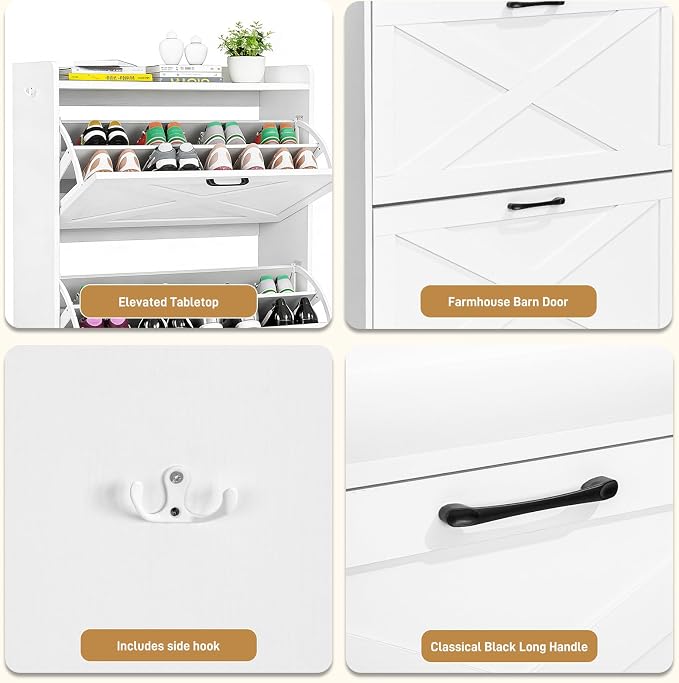 Karl home White Farmhouse Shoe Cabinet, Cushioned Entryway Bench Organizer | Space-Saving Freestanding Shoe Rack Organizer, Versatile Storage Furniture Suitable for Entryway and Living Room