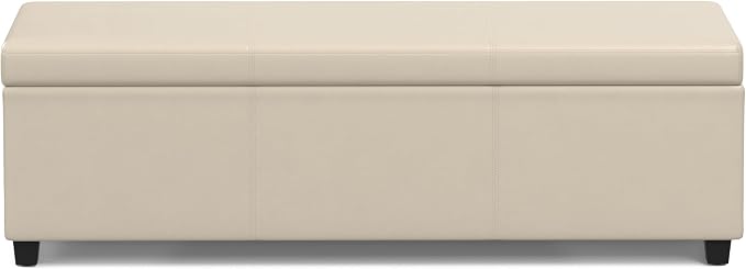 SIMPLIHOME Avalon 54" Wide Vegan Leather Storage Ottoman in Tanners Brown | Contemporary lift-top ottoman with high-density foam; rectangle storage bench or coffee table for living room or entryway.