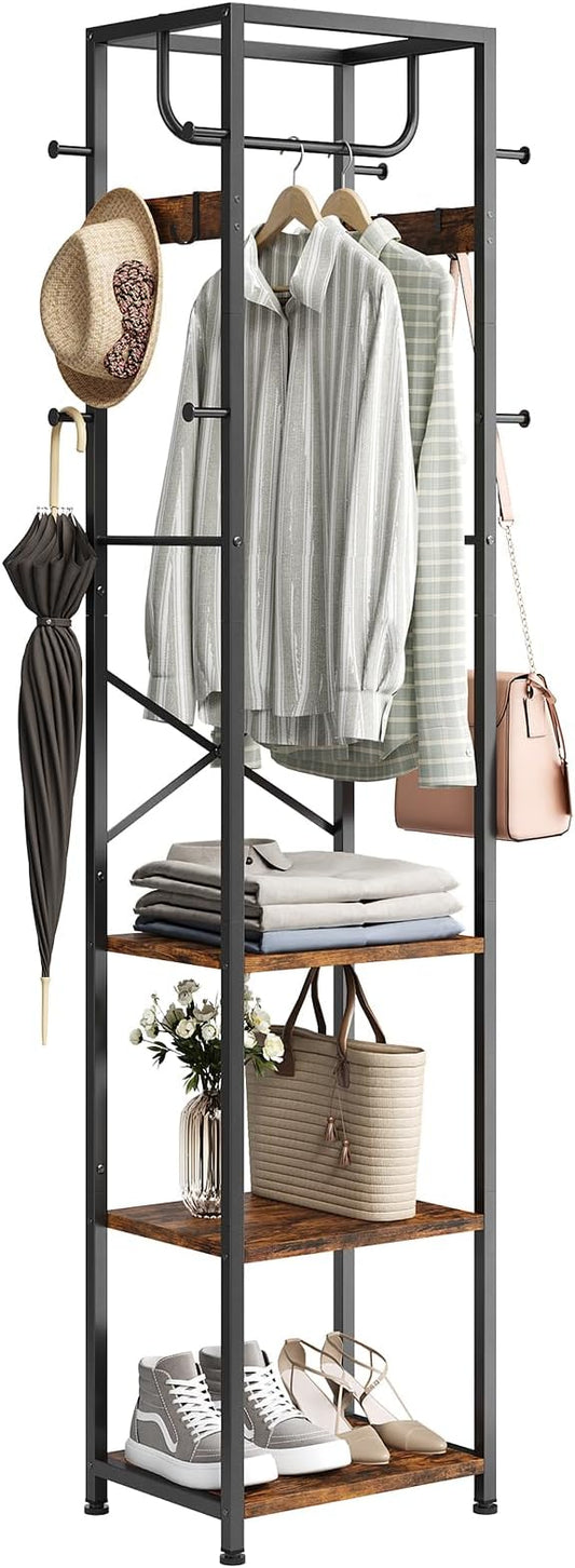 Coat Rack Freestanding, Hall Tree with 3 Shelves and 12 Hooks, Rustic Brown | Industrial Metal Frame, Space-Saving Design, Clothes Rack Stand Organizer for Bedroom, Hallway, Entryway, Office, Living Room