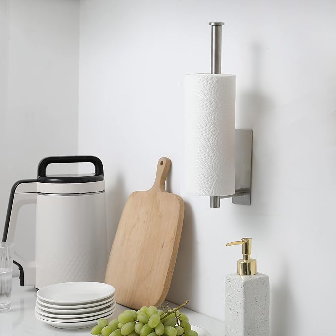 theaoo Under Cabinet Paper Towel Holder for Kitchen, Wall Mount, Silver | Adhesive Paper Towel Roll Rack for Bathroom or Kitchen, SUS304 Stainless Steel, Self-Adhesive or Screw Installation