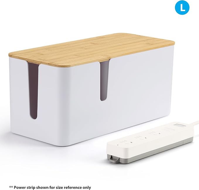 ZhiYo 2 Pack Cable Management Box, Large & XL, Power Strip Organizer, White | Extra-Tall Design for Oversized Adapters, Fits Power Strips Up to 13.4" Long, Natural Bamboo Lid, Ideal for Desks, TV Areas