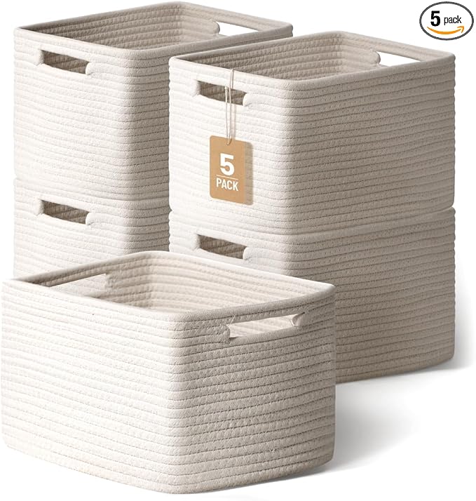 5 Pack White Woven Storage Baskets for Shelves, Decorative Basket Organizer Storage Bins for Toys, Books, Clothes, Closet, Nursery, Bathroom – Cotton Rope Shelf Baskets for Organizing and Decor
