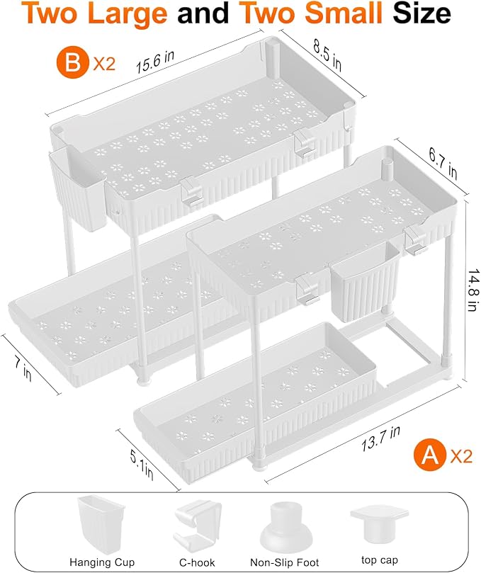 Sevenblue 4-Pack 2-Tier Under Sink Organizer with Pull Out Drawers | Multi-use kitchen & bathroom storage. Includes hanging hooks and cups. White, space-saving cabinet design. 14.8 Inch