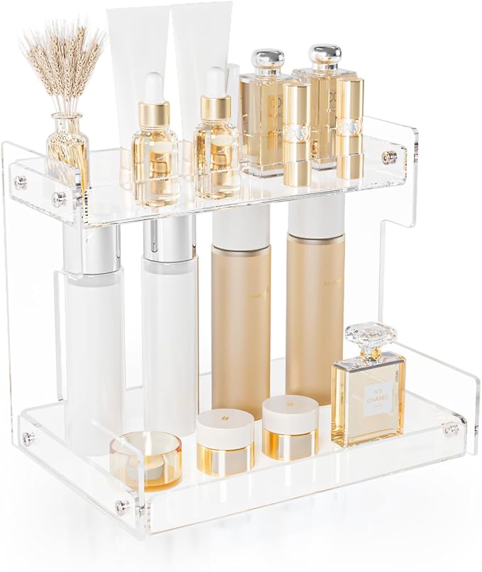 Bathroom Counter Organizer Countertop 2 Tier Storage Acrylic Corner Makeup Organizer for Perfume Stand, Vanity Holder, Dresser Tray, Spice Rack, Skincare, Coffee Bar, Room Decor (Clear)