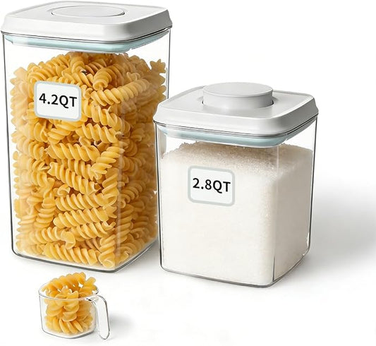 Airtight Food Containers Set with One-Touch Lid, Mixed Size Set (2.8 QT / 2.65 L & 4.2 QT / 4.0 L) with Scoop, Stackable Jars for Complete Kitchen Organization.